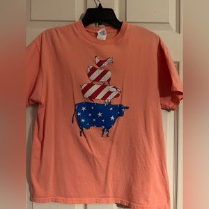 Patriotic farmhouse t shirt, size large, orange, shirt flag print farm animals